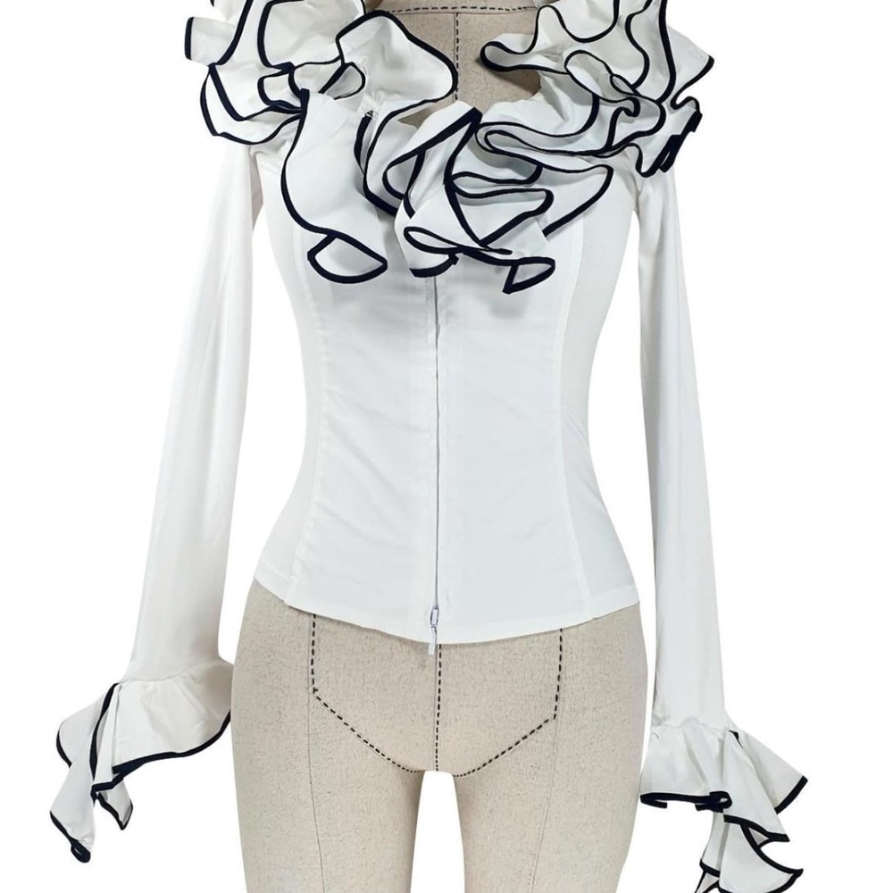 Anne Fontaine White and Black Ruffled Long Sleeve Blouse